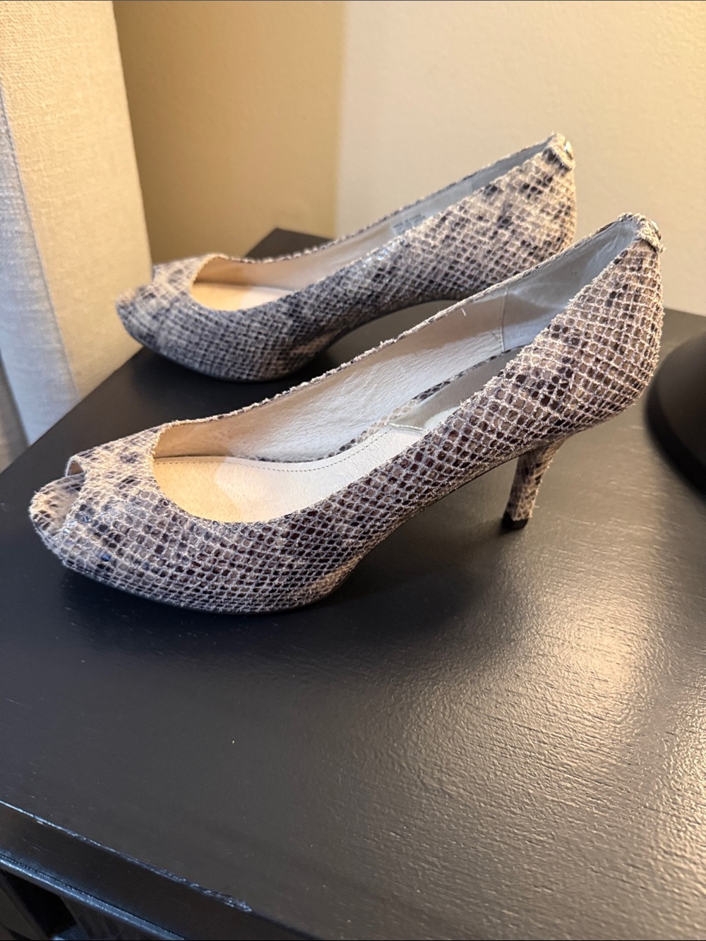 Michael Kors Neutral Snake-Print Peep-Toe Heels